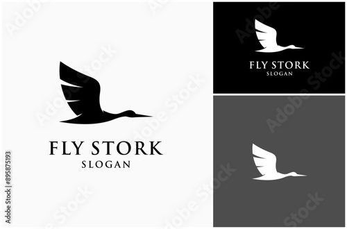 Flying Stork Heron Crane Egret Goose Flamingo Bird Silhouette Vector Logo Design Illustration