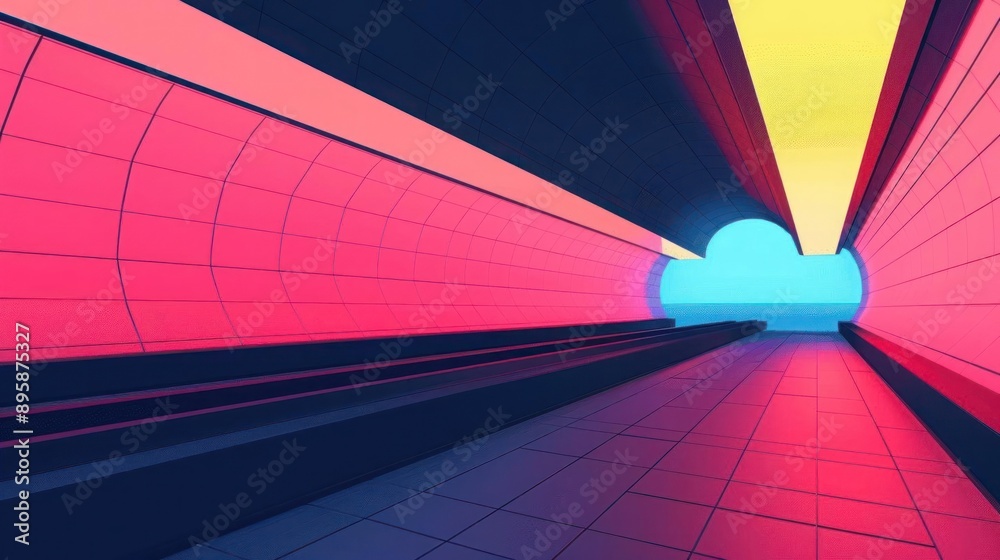Fototapeta premium Futuristic tunnel with vibrant geometric patterns and bold colors, illustrating modern, abstract design with a dynamic atmosphere.