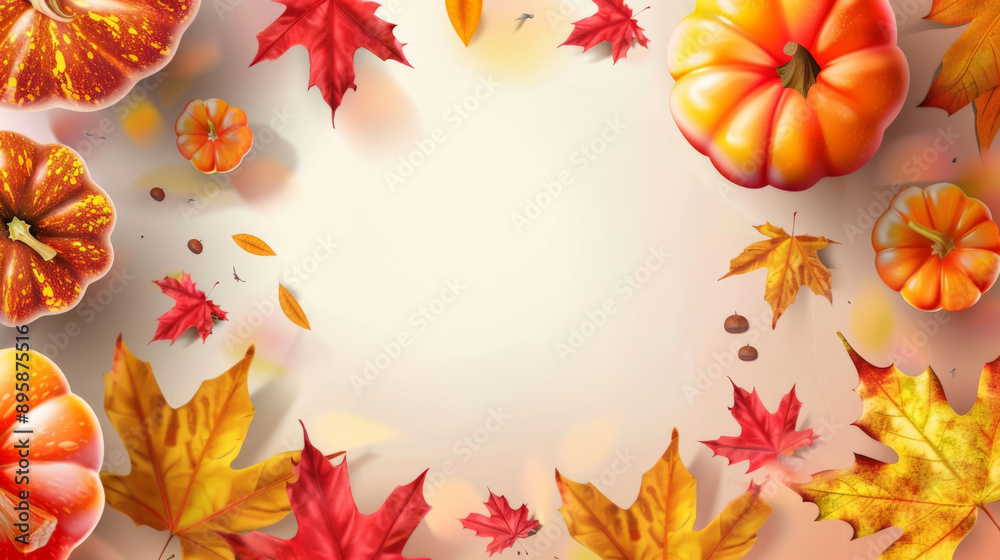 Pumpkins and Autumn Leaves on Cream Background Pumpkins and Autumn Leaves on Cream Background