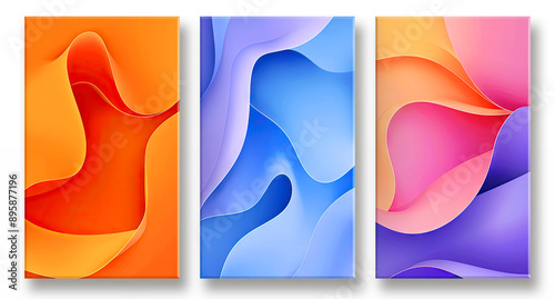 Set of three vibrant abstract 3D wall art panels featuring flowing shapes in orange, blue, and pink © Aliaksej