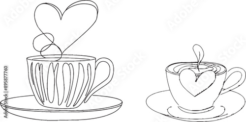 Intuitive drawing of coffee cup. Top view showing heart-shaped latte art and coffee beans on the saucer.