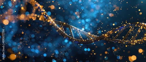 A highly detailed artistic representation of a DNA double helix with a glowing blue effect against a dark background adorned with particles