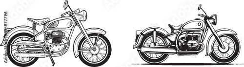 The drawing is of a single continuous line with a classic vintage motorcycle symbol. It illustrates a retro motorbike transportation concept in a one-line style.