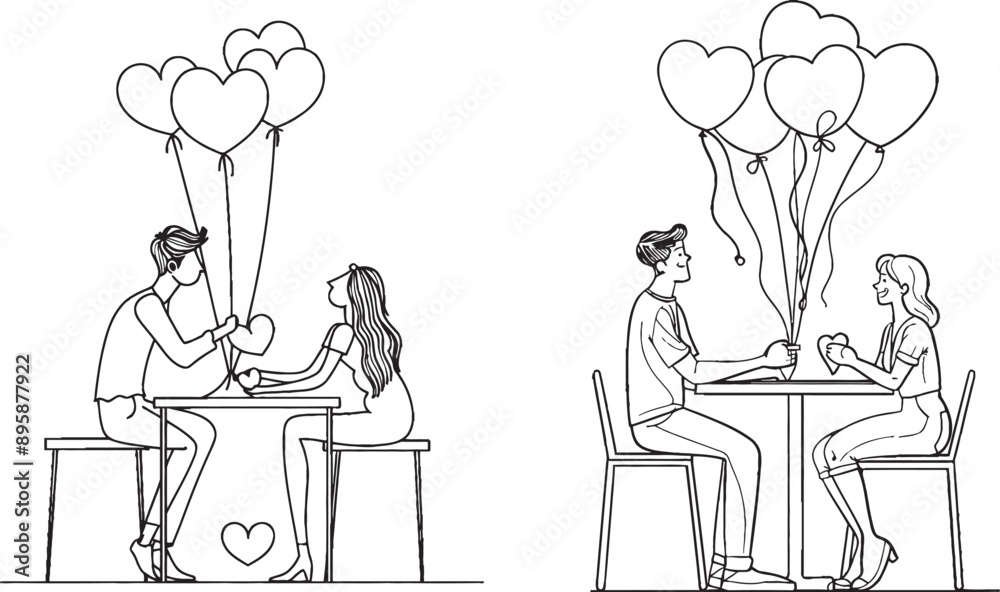 Couple giving valentine's day gift to each other using continuous line drawing. Man giving love balloon for girlfriend in one line style. Couple giving valentine's day gift to each other using continuous line drawing. Man giving love balloon for girlfriend in one line style.