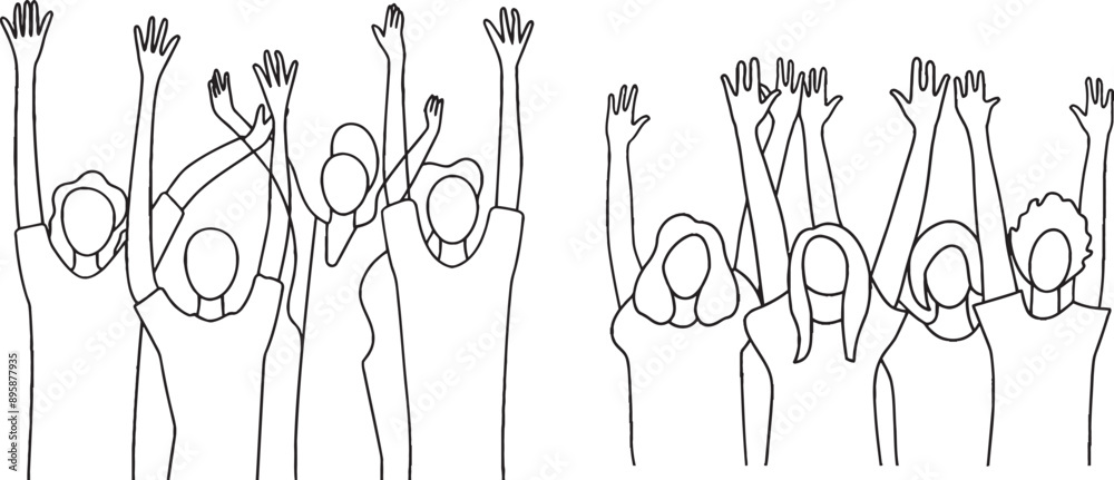 Businesswoman and a young businessman standing hand-drawn minimalist style and excited about success with their new projects.
