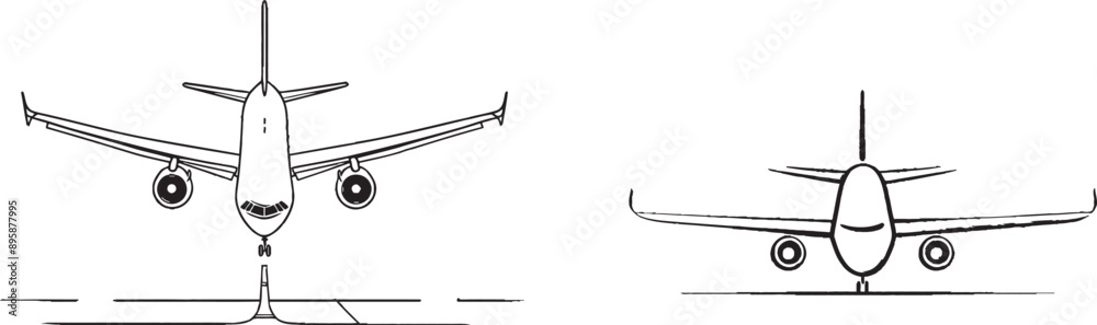 Drawing of a plane in one line. Minimalism art. Plane transportation in a continuous line. Modern illustration isolated on white. Drawing of a plane in one line. Minimalism art. Plane transportation in a continuous line. Modern illustration isolated on white.