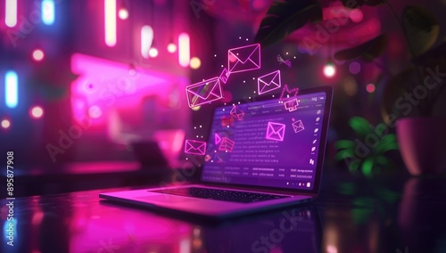 Close-up of a modern laptop standing on a dark table surrounded by a holographic bright screen. Technology concept.