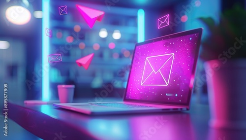 Close-up of a modern laptop standing on a dark table surrounded by a holographic bright screen. Technology concept.