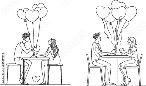 Couple giving valentine's day gift to each other using continuous line drawing. Man giving love balloon for girlfriend in one line style.
