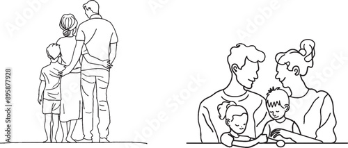 Continually drawn one-line portrait of a group of people in different age groups. Couple, family portrait, friends, minimal contour illustration.