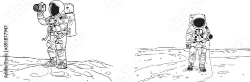 Drawing of astronaut taking photos on the moon's surface with a DSLR camera. Leisure time concept illustration design on one continuous line.