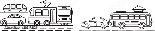 Continually drawn public and personal transportation. Trolleybus, shuttle bus, auto, crossover, four-by-four pictured.