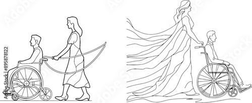 The above drawing is a single one line drawing showing a happy disabled child. The girl is pushing the boy in the wheel chair while flying a kite. The disabled child has fun outside. The illustration