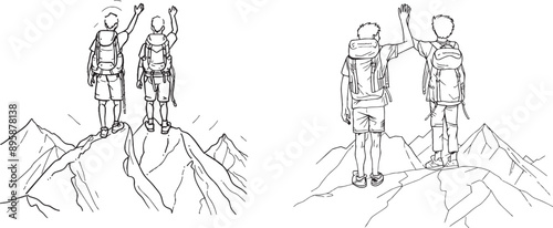 This is an illustration of one continuous line showing a romantic couple hiking or climbing up a cliff or mountain. A happy boy and girl hiking and holding hands. One line drawing design modern