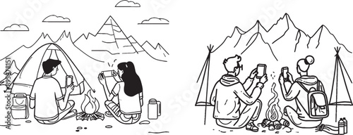 Single line drawing of two couples camping around a bonfire tent. Group of people drinking tea and huddled around a bonfire. Continuous line drawing of modern design.