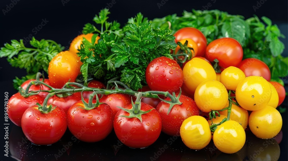 Fresh red and yellow tomatoes with green parsley on a black background, showcasing vibrant and healthy vegetables. Fresh red and yellow tomatoes with green parsley on a black background, showcasing vibrant and healthy vegetables.
