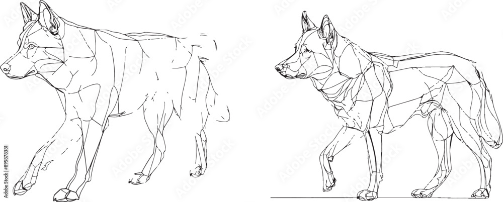 In a minimalistic style, a continuous one line drawing shows a dog walking In a minimalistic style, a continuous one line drawing shows a dog walking