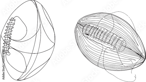 The image shows an American football ball and a rugby ball. Continuous line drawing of a soccer ball, activity, athlete, game, training, goal, and play.