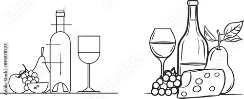 Postcard, menu, wine shop, poster print design of a wine glass, bottle of wine, cheese, grapes, and a pear.