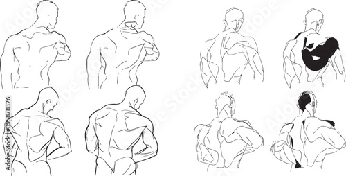 Hand drawn design print graphics style of a naked, strong, muscular, healthy male figure.