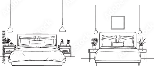 Continuous one line drawing of modern bedroom furniture interior. Room line sketch drawing. Modern illustration for home interior design.