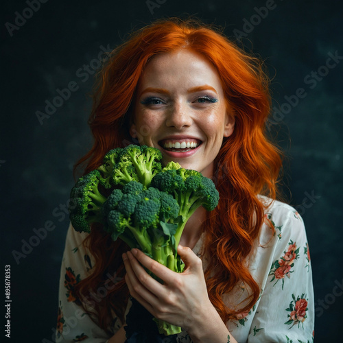 Laughing young redhead womans with broccoli inflorence photo