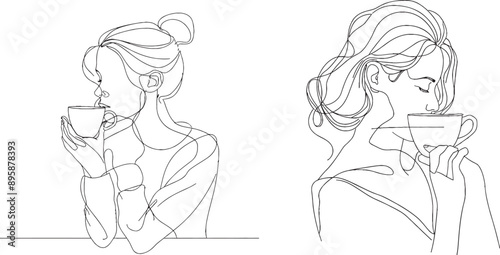 A close-up portrait of a pretty young woman smelling tea and coffee in a continuous line. An illustration for a modern design.