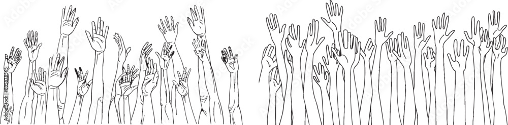 Modern illustration with hands up on white isolated background. Modern illustration with hands up on white isolated background.