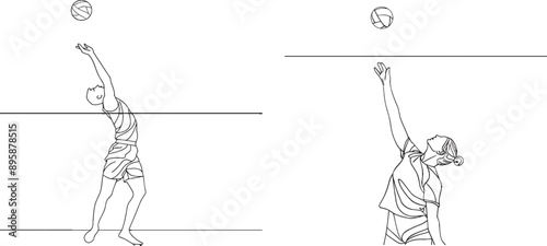 Women volleyball players jump to throw the ball continuously in one line