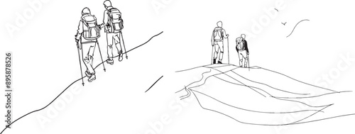 Three hikers continue to draw in one line