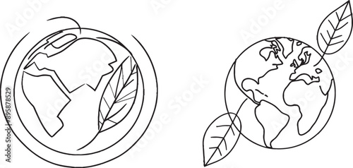 Earth and leaf of a tree drawn in continuous line.