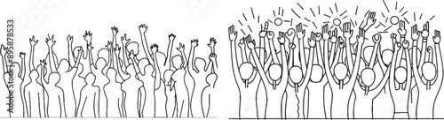 One line cartoon illustration of a cheering crowd. A continuous line of applause people.