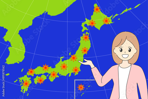 日本列島の天気を解説する女性の気象予報士のイラスト