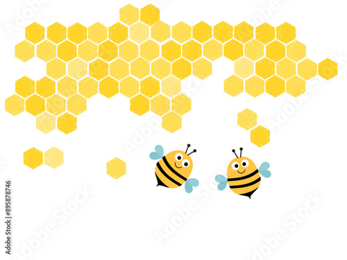 Beehive honey sign with hexagon grid cells and bee cartoons icon isolated on white background vector.