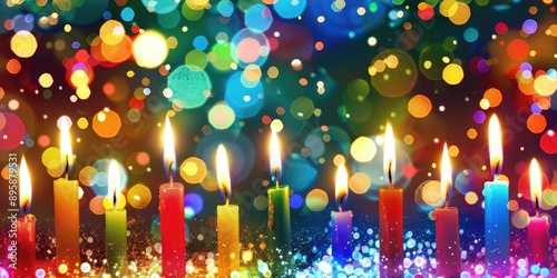 A lively birthday scene, with multicolored candles, bokeh lights in the background, and confetti floating around