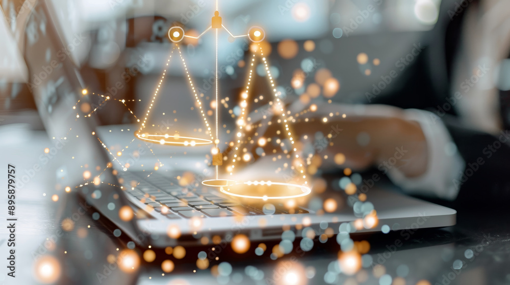 A close-up of a laptop with a digital scales of justice overlay, symbolizing law, technology, and modern legal practice. A close-up of a laptop with a digital scales of justice overlay, symbolizing law, technology, and modern legal practice.
