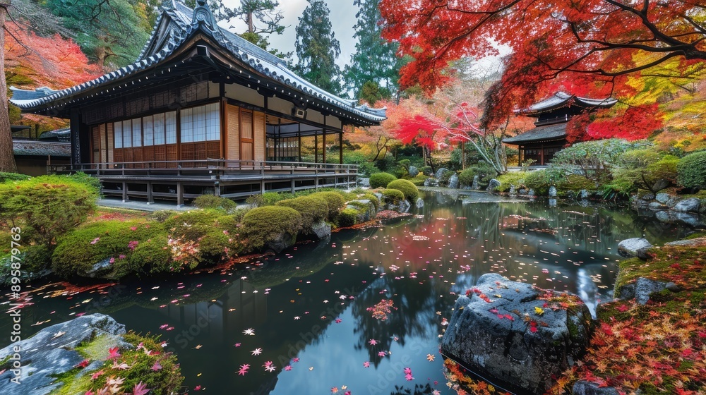 Obraz premium Serene Japanese Garden in Autumn Splendor background