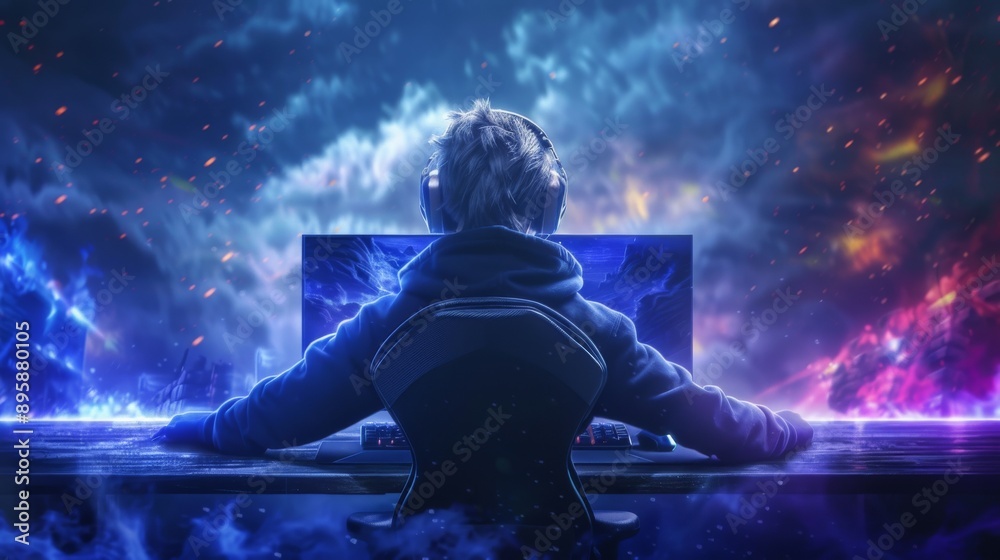 Gamer Immersed in Intense Gaming Session with Vibrant Neon Background Showcasing Advanced Gaming Setup and Dynamic Virtual Environment Gamer Immersed in Intense Gaming Session with Vibrant Neon Background Showcasing Advanced Gaming Setup and Dynamic Virtual Environment