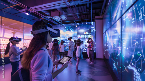 Group of people experiencing virtual reality and digital transformation in a futuristic tech lab, showcasing cyber security and smart technology innovations.