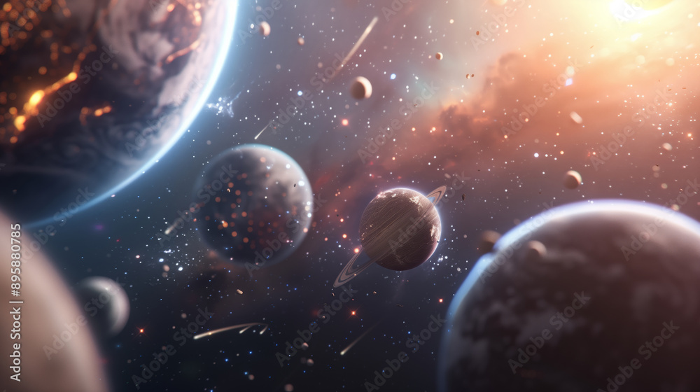 Stunning cosmic scene depicting multiple planets, asteroids, and a vibrant galaxy filled with stars and nebulas. Stunning cosmic scene depicting multiple planets, asteroids, and a vibrant galaxy filled with stars and nebulas.