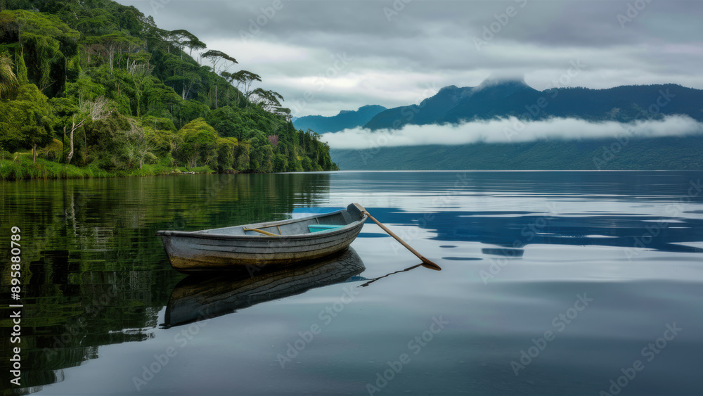 A rowboat on a calm lake with mountains in the background, AI A rowboat on a calm lake with mountains in the background, AI