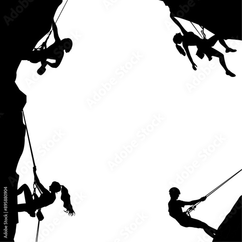 Silhouette of rock climbers, extreme outdoor sport. Vector of climber rock, outdoor sport, climbing adventure, mountain challenge, risk mountaineer illustration