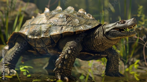 Realistic 3D Render of a Crocodile Turtle Walking Through a Swamp photo