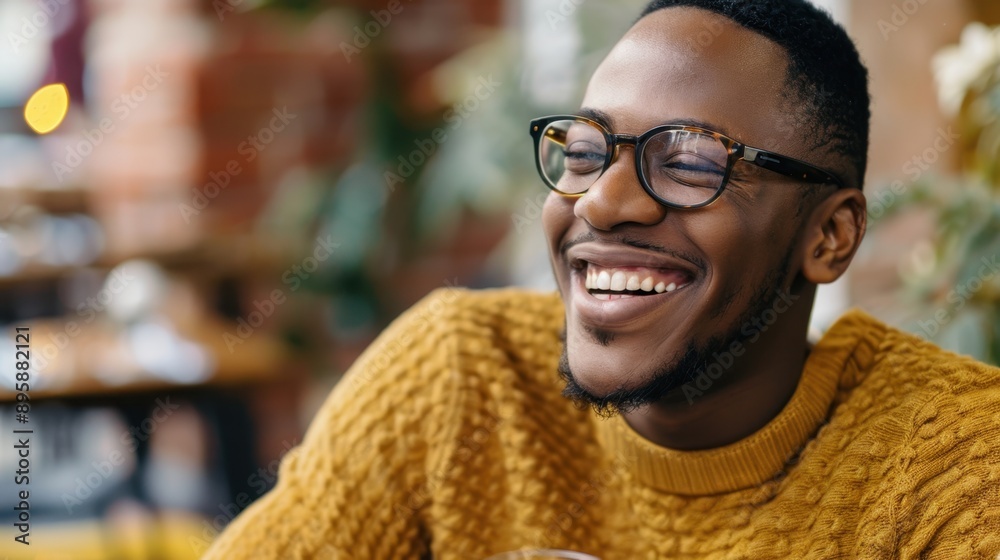 Joyful African American Man Wearing Glasses in Cozy Cafe Setting Joyful African American Man Wearing Glasses in Cozy Cafe Setting