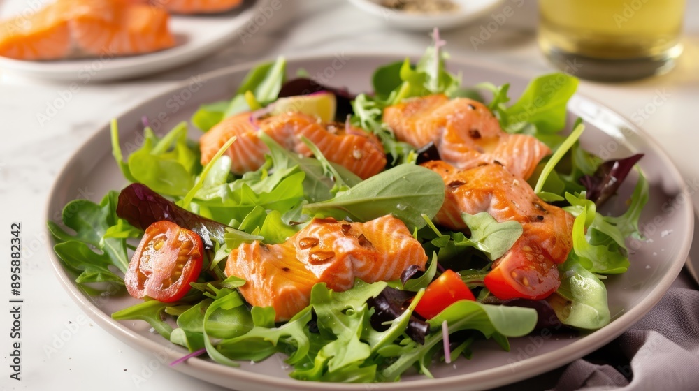 Fresh Salmon Salad with Mixed Greens and Cherry Tomatoes Fresh Salmon Salad with Mixed Greens and Cherry Tomatoes