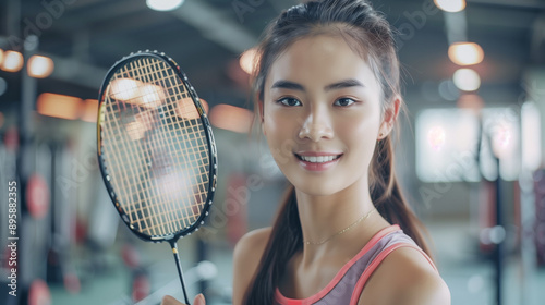 Young beautiful Asian coach with a badminton racket in the gym.