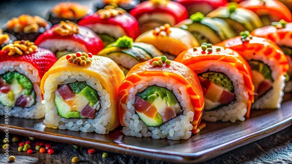 Rolls on a beautiful tray, colorful image of table setting, plate, food decoration, food advertisement, beautiful design. High quality image . Rolls on a beautiful tray, colorful image of table setting, plate, food decoration, food advertisement, beautiful design. High quality image .