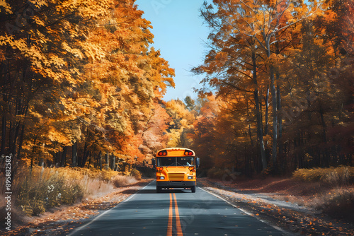 A bright yellow school bus drives down a picturesque road flanked by vibrant fall foliage under a clear blue sky. © sornram