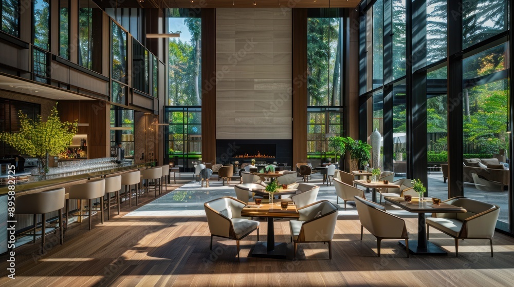 Naklejka premium Modern Restaurant Interior with Floor-to-Ceiling Windows