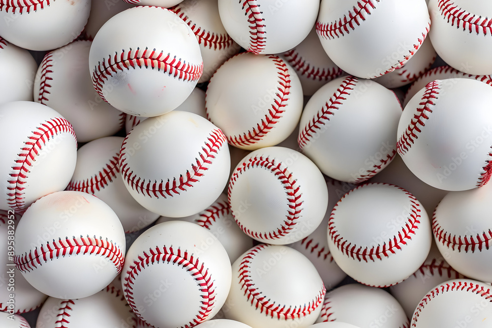 A pile of white baseballs with red stitching, perfect for sports promotions, equipment catalogs, and baseball-themed designs. A pile of white baseballs with red stitching, perfect for sports promotions, equipment catalogs, and baseball-themed designs.